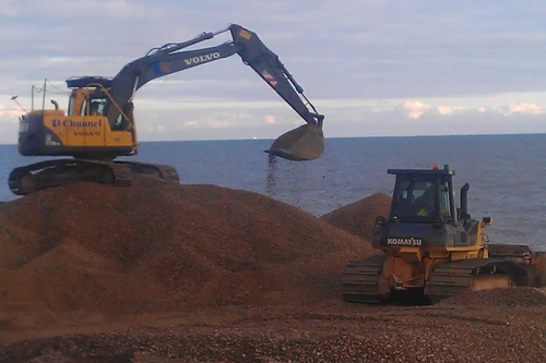 Sandgate Beach replenishment works (heavy plant moving shingle)