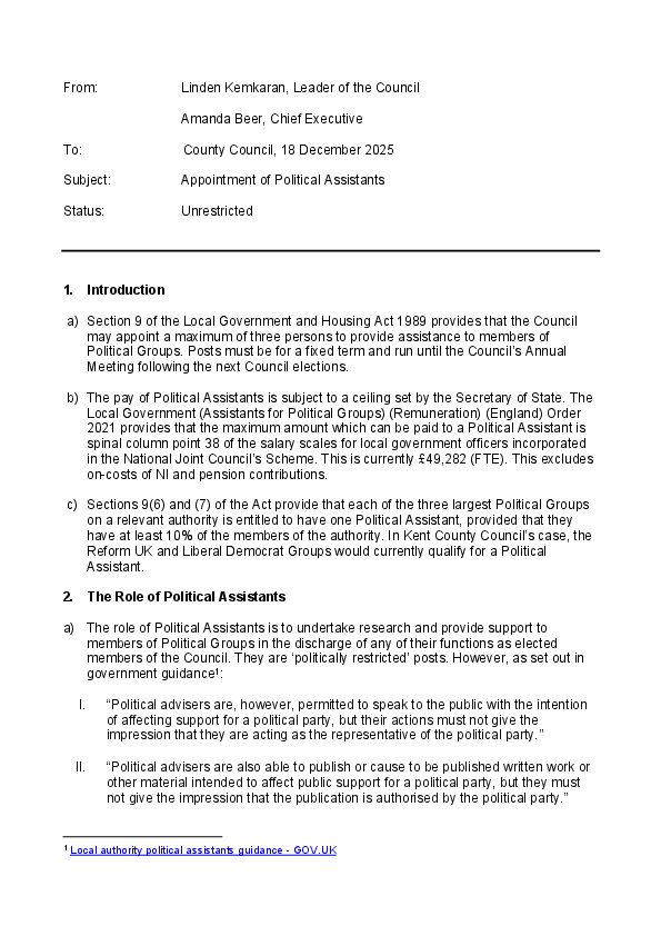 Motion to KCC on 18/12/25 from Reform UK to bring in paid Political Assistants