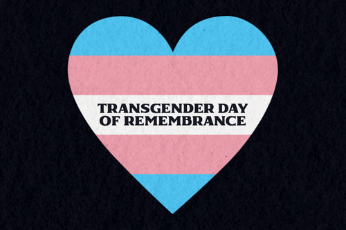 A heart in the colours of the trans pride flag with the text "Transgender Day of Remembrance"