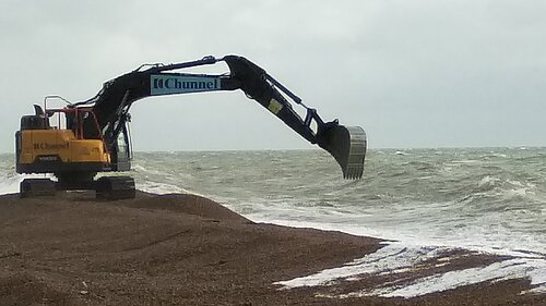 Chunnel digger doing beach replenishment works on Sandgate beach