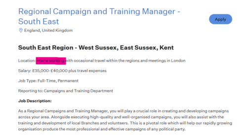 Screenshot of Reform UK job ad, requiring homeworking.