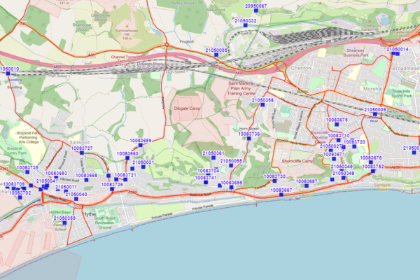 Gritting bin map for Hythe East, Saltwood, Seabrook, Cheriton, Sandgate and West Folkestone (Map from https://kentcounty.maps.arcgis.com/apps/webappviewer/index.html?id=6129b62969e54cf7b50ccf720f415c8d#)