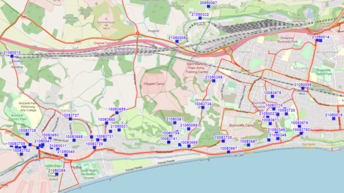 Gritting bin map for Hythe East, Saltwood, Seabrook, Cheriton, Sandgate and West Folkestone (Map from https://kentcounty.maps.arcgis.com/apps/webappviewer/index.html?id=6129b62969e54cf7b50ccf720f415c8d#)