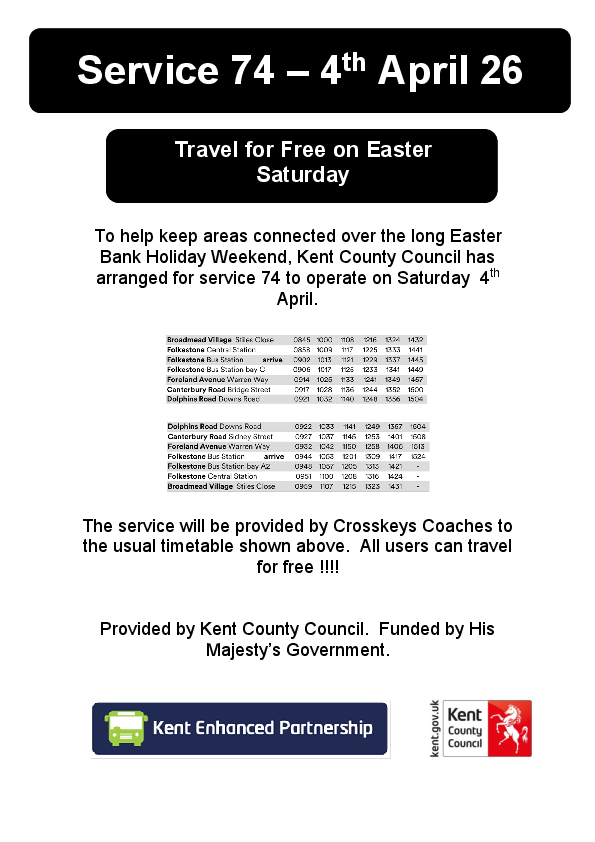 Easter Saturday 2026 74 bus timetable
