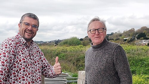 Tim Prater and John Stokes at Princes Parade as the site hoarding is removed