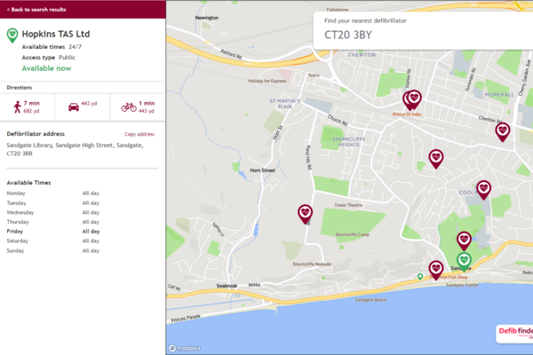 Defibrillator location map from hdefibfinder.uk