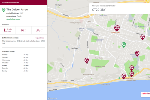 Defibrillator location map from hdefibfinder.uk
