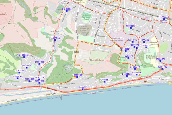 Gritting bin map for Seabrook, Cheriton, Sandgate and West Folkestone (Map from https://kentcounty.maps.arcgis.com/apps/webappviewer/index.html?id=6129b62969e54cf7b50ccf720f415c8d#)